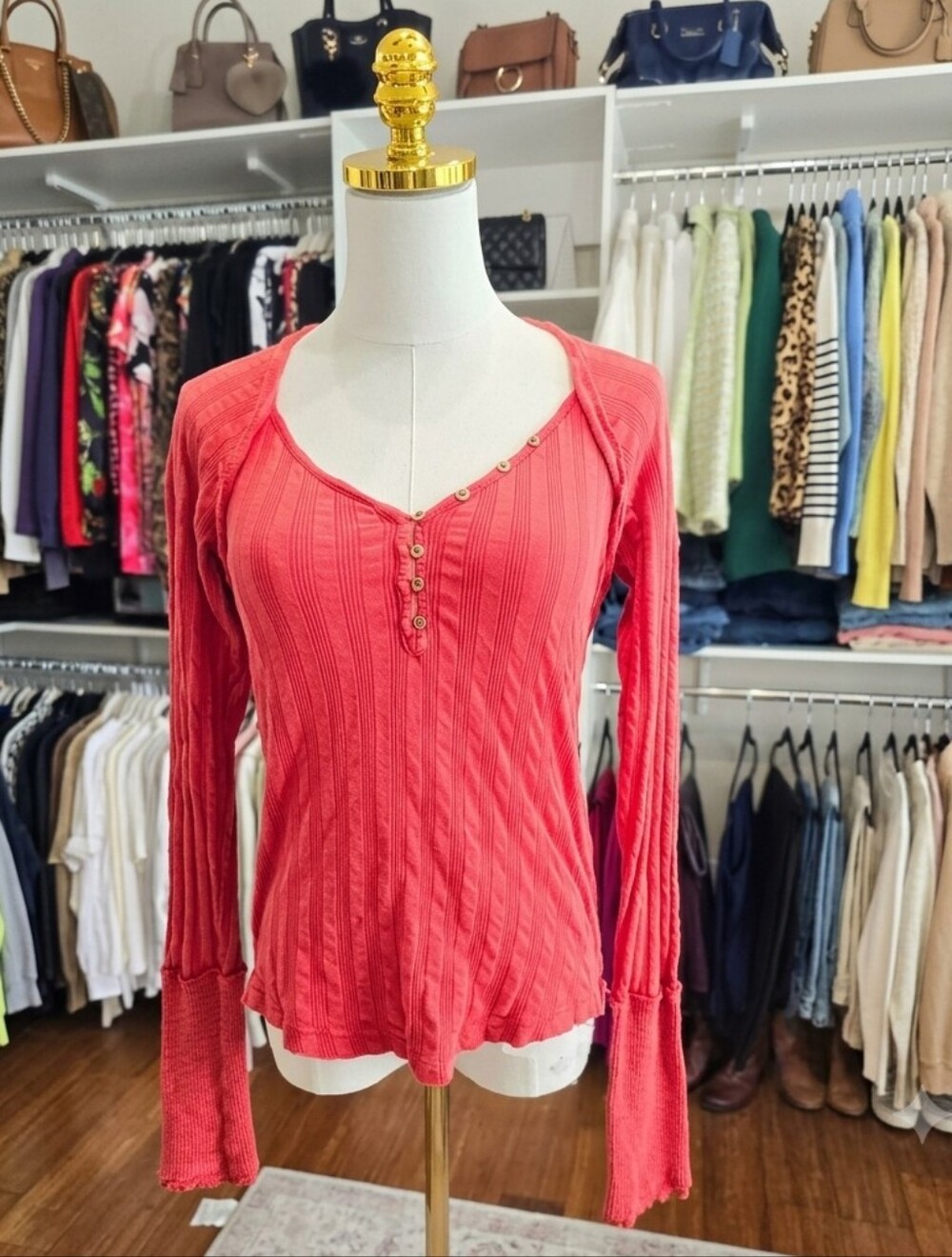 We The Free Ribbed Henley Long Sleeve Top in Coral Red